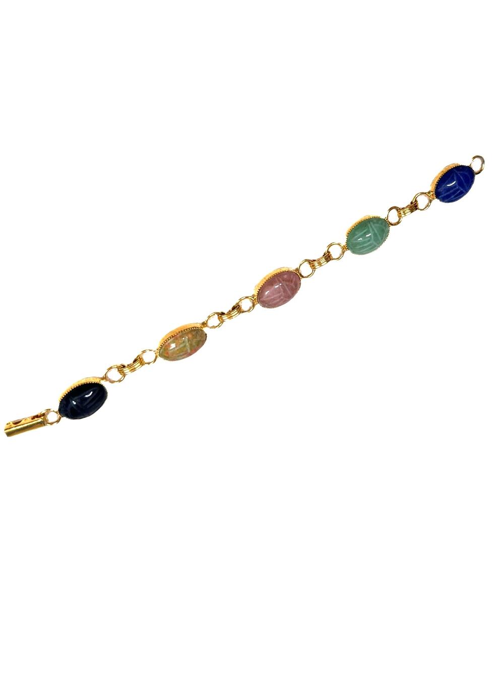 Vintage Scarab Bracelet Gold Tone Carved Scarabs